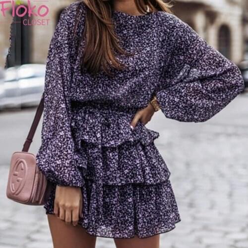 Flokocloset Sweet Floral Print Lantern Sleeve Mini Dress Casual Ruffles Office Lady Party Cake Dress Vestidos