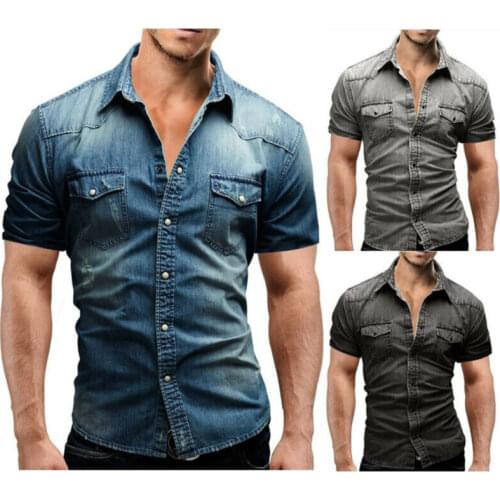 New Mens Jeans Short Sleeve Casual Slim Stylish Wash Vintage Denim Shirts Tops Solid Colors Are Versatile Fashion 2020 Hot