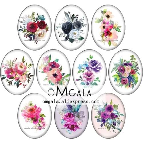 New Watercolor Rose Flower Ink Paintings 13x18mm/18x25mm/30x40mm Oval photo glass cabochon flat back Making findings
