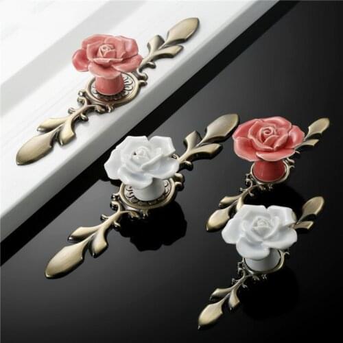 Rose Ceramic Alloy Base Door Handles Kitchen Cupboard Closet Drawer Cabinet Knobs Ceramic Knob Furniture Accessories