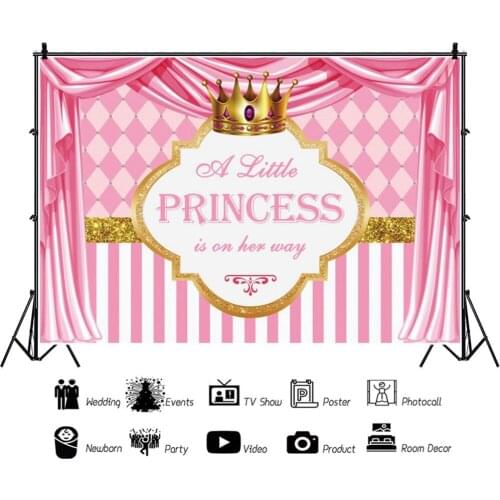 Pink Curtain Stripe Golden Crown Newborn Baby Shower Birthday Custom Backdrop Photography Background For Photo Studio Photophone