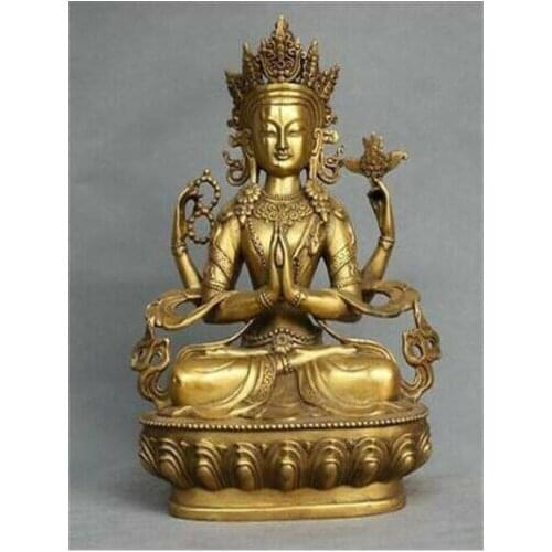Old Rare Four-armed Avalokitesvara Tibet Bronze Kwan-yin Buddha lucky Statue