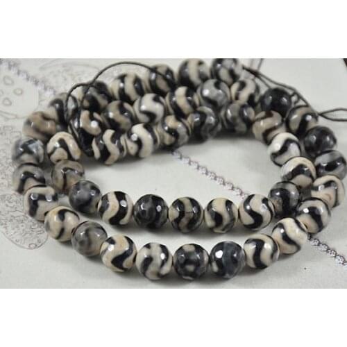 Unique Pearls jewellery Store Tibetan Dzi Faceted White Black Agate Gemstone 10mm 15'' Full One Strand LC3-234