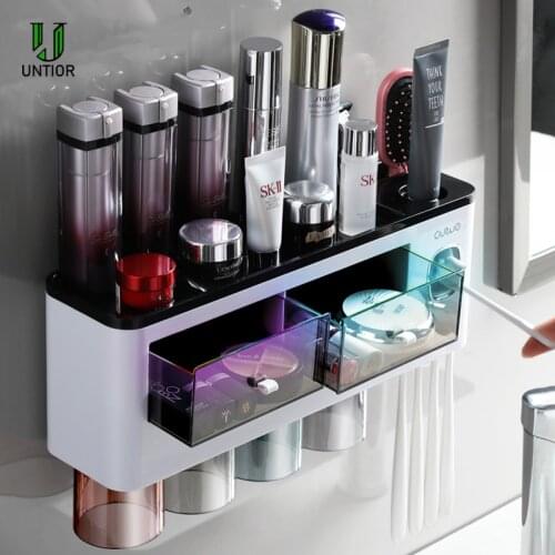 UNTIOR 2020 New Bathroom Accessories Toothbrush Holder With Cups Automatic Toothpaste Squeezer Bathroom Organizer Storage Rack