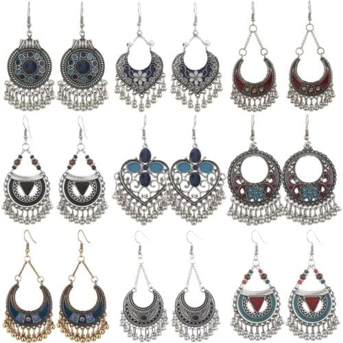 Vintage Ethnic Boho Earrings for Women Geometric Carved Flower Beaded Acrylic Chain Earings Indian Dangle Drop Jewelry Brincos