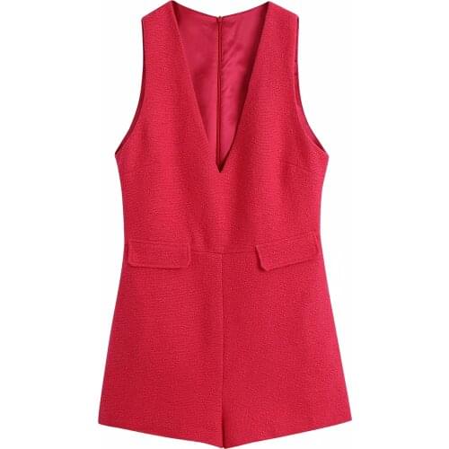 Za Women New Sexy Tweed Vest Shorts V Neck Short Woolen Slim Suspender One Piece Shorts XITIMEAO