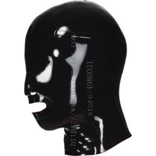 Back zipper & mesh eyes designs(open nostrils & mouth) adultss black latex bondage hood what is made of natural latex materials