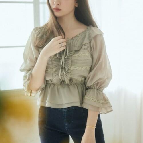 Sweet Lace Ruffles Flare Sleeve Women Blouse Slash Neck Off Shoulder Chiffon Shirts Summer Japan Style Elegant Blusas Mujer