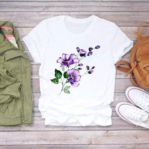 Harajuku Womens T-shirts Flowers Print Short Sleeve T-shirt Female White Clothes 2021 Summer O-neck Casual Oversized T Shirt
