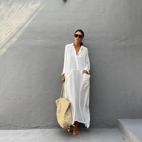 2021 White Beach Cover up Long Dress Tunic Bikinis Cover-ups Summer Casual Maxi Dress Loose Side Split Robe Swimsuit Beachwear