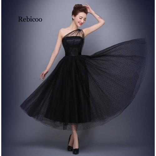 Black Dresses Cheap One Shoulder Polka Dot Tulle Tea Length Party Gowns Vestido De Festa