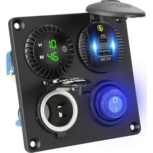 12V 24V Car Digital Clock Type C PD QC3.0 USB Fast Charger 12V Socket Power ON OFF Switch for Truck SUV Boat Marine