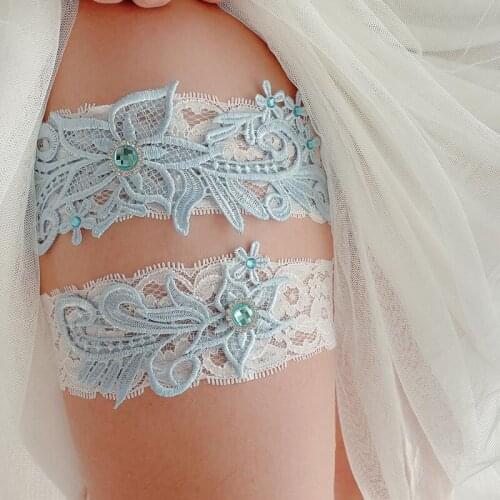Elastic Lace Garter Elegant Bridal Garter Blue Gemstone Sexy Thigh Ring Prom Cosplay Bridesmaid Dress Wedding Accessories 2021