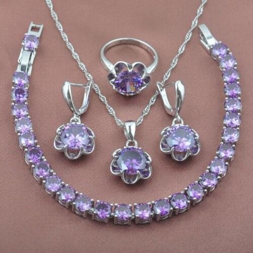 Narutal Purple Silver Color Jewelry Sets Womens Crystal Bracelet Necklace Pendant Earrings Ring YZ0245