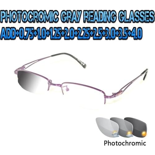 Photochromic Gray Reading Glasses rectangular Metal Frame Ultralight Trend High Quality Fashion Ladies Women+0.75To+4.0