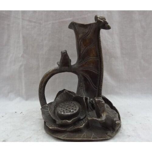 Chinese Bronze Lotus Frog On Leaf Statue Pencil Vase Brush Barrel Pot Holder