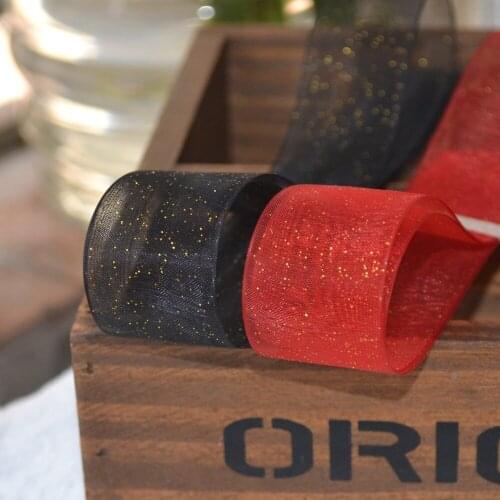 [200 yards/roll, 25mm-50mm] Golden glitter dotting organza Ribbons for handmade crafts bows wedding decoration, free shipping