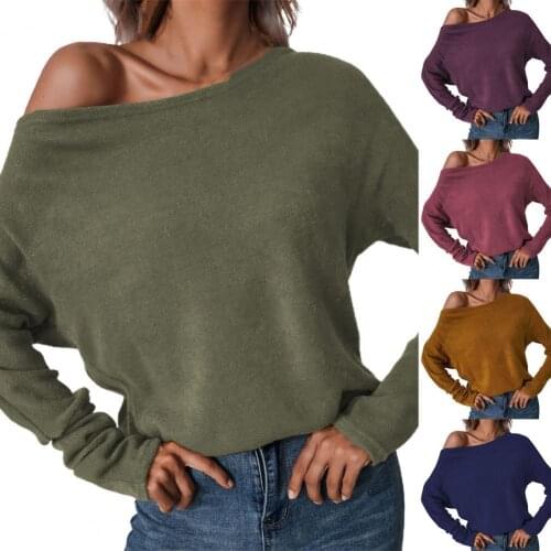 Hot Sale Fashion NewSlash Collar Basic Blouse Long Sleeve Tee Shirt Solid Color Breathable Knitted Autumn Blouse Streetwear2021