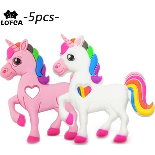 LOFCA 5pcs Unicorn Teether Baby Teething Toys Cartoon Food Grade Silicone Beads Necklaces BPA Free Nursing Necklace Accessories