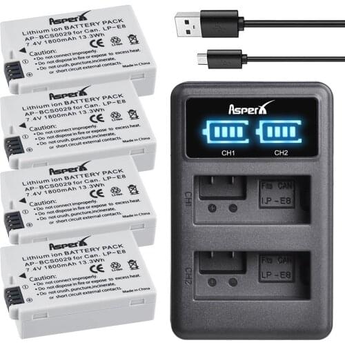 4Pcs LP-E8 LP E8 LPE8 Li-ion Batteries + LED Dual USB Charger For Canon EOS 550D 600D 650D 700D Rebel T2i T3i T4i T5i Camera