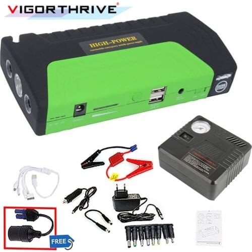 Mini mobile phone laptop Battery Charger Portable Car Jump Starter with pump auto Booster 2 USB port Power Bank 12V
