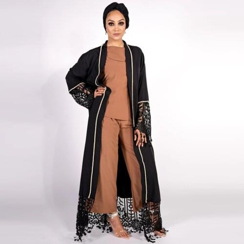 Muslim Dress Muslim Fashion Beads Hollow Out Lace Cardigans Tassel Robes Belt Middle East Eid Duabi Abaya Turkey Robe Donsignet