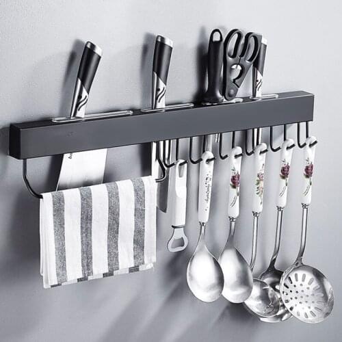 Black stainless steel kitchen Shelf Wall mounted kitchen knife holder Spoon hook rag holder Kitchen multifunctional shelf