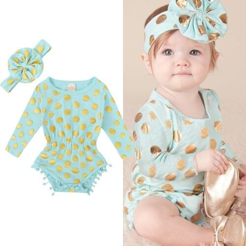 New 2021 Infant Baby Rompers Baby Girls Dots Long Sleeve Clothes Rompers And Headband Spring Autumn Baby Girls Rompers 7-24Month