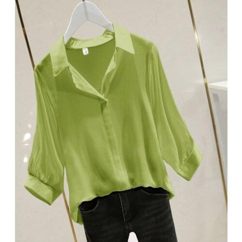 2021 Solid Color Loose Summer Shirt Ladies Turndown Collar Simple Bat Sleeve Plus Size Women Blouse Blusa Femininas Tops Y966