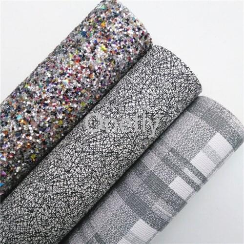 Onefly 21X29CM Glitter Fabric, Grey Tartan Printed Synthetic Leather Sheets For Bow DIY handbags shoes BQ046
