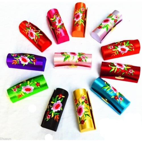 Wholesale 12pcs Chinese Handmade Embroidered Luxury Silk Lipstick Box With Mirror