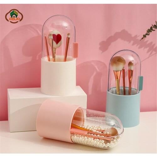 MSJO Makeup Brush Organizer Storage Box Plastic Organizer Desktop/Bathroom Organization Container Cover Dustproof Box FREE Pearl