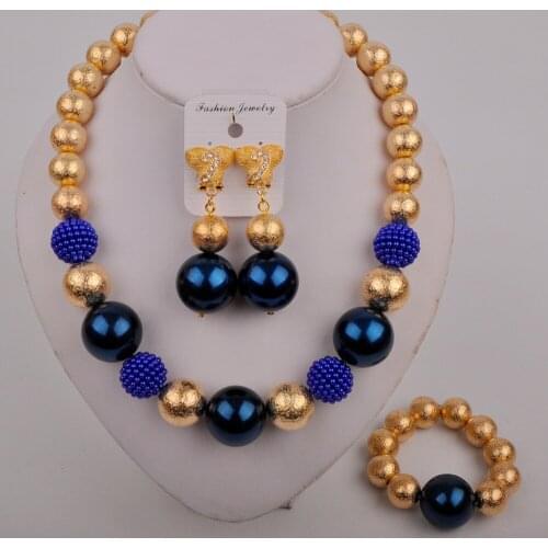 Dark Blue Simulated Pearl Necklace African Jewelry Set Nigerian Weddding Women Costume Jewelry