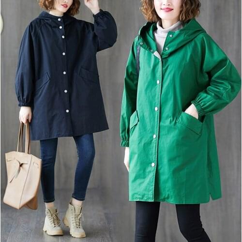 Womens Trench Coat Mid-length Hooded Zipper Coat New 2020 Autumn Winter Large Size Solid Color Casual Windbreaker Outerwear