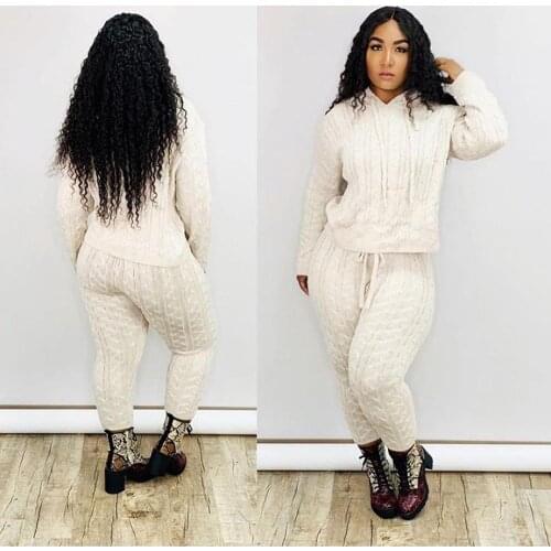 AHVIT Knitted Cotton Solid Color Women Two Piece Set Long Sleeve Hooded Winter Top And Long Pants OL6080