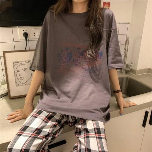 Loose Casual Ins Retro Print Lazy T-shirt Womens T-shirts Tops Japanese Kawaii Ulzzang Female Korean Harajuku Clothes For Women