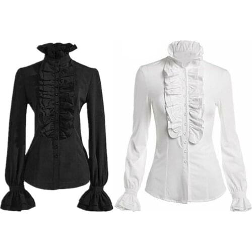 Womens Vintage Victorian hirt High Neck Ruffles Button Down Blouse Long Sleeves Slim Waist Office Lady Gothic Lotus Tops S-2X