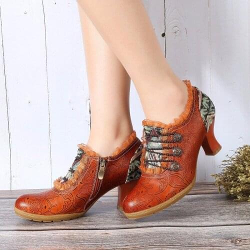 Spain Style Retro Woman Pumps Mature High Heels Genuine Leather Rome Style Colorful Women Pumps Shoes Zapatillas Mujer S21-16