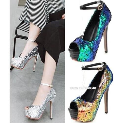 2019 Sexy 13.5 CM High Heels Woman Pumps Bling Sequined Cloth Open Toe Fashion Platform Pumps Summer Woman Party Dress Shoes