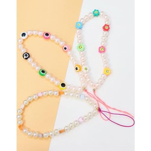 BLUE STAR Clay Smile Bead Mobile Phone Chain New Colorful CellPhone Strap Anti-Lost Lanyard for Women Summer Jewelry