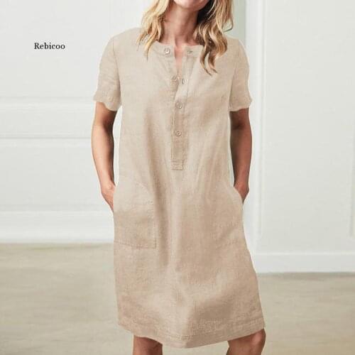 Women Short Sleeve Pocket Midi Dress Button Solid Plus Size Dresses Female 2021 Spring Summer Vintage Straight Vestidos