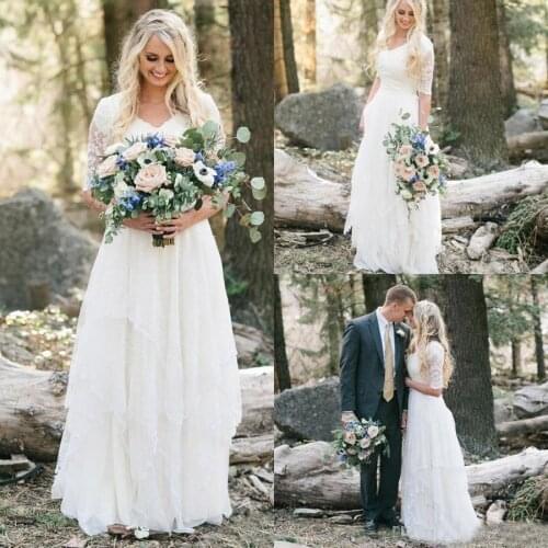 2018 Western Country Bohemian Wedding Dresses Lace Chiffon Modest V Neck Half Sleeves Long Bridal Gowns Plus Size Dress for Wed