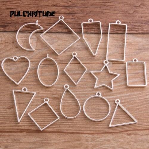 6pcs/lot 14 Styles Bright Silver color Color Alloy Jewelry Accessories Geometry Charm Hollow Glue Blank Pendant Tray Bezel