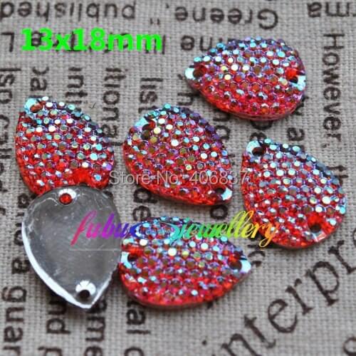 Free Shipping, 100pcs/Lot, 13*18mm Bling-star Siam AB sew on teardrop stones flat back resin sew on rhinestones