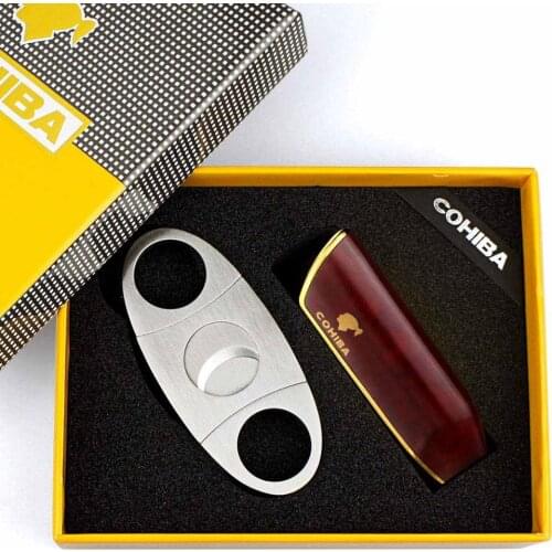 COHIBA Stainless Steel Sharp Cigar Cutter Metal Windproof 3 Jet Flame Gas Cigar Cigarette Lighter W/ Punch Cigar Accessories Set