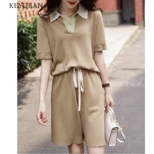 Summer Knitting Suit Two Piece Set Women Oversized Polo Neck Knit Tops And Loose Shorts 2 Piece Short Suits Female Outfits 2021