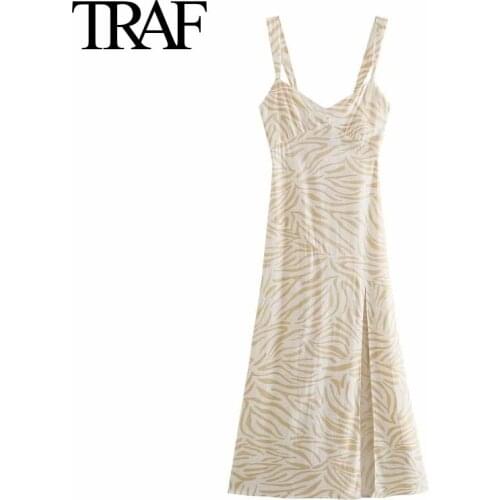 Traf Women Clothing Summer 2021 Chic Loose A-line Midi Dress French Fashion Animal Print Sleeveless Dresses Sexy Dress