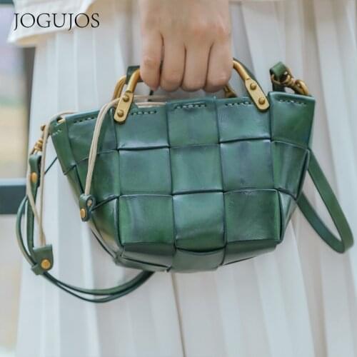 Fashion Vintage Handmade Leather Hand Weaving Large Capacity Cowhide Women Handbag Luxury Solid Color Leisure Shoulder Bags