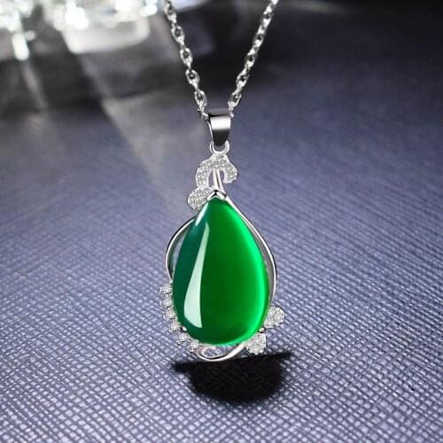 Natural Green Jade Chalcedony Water Drop Agate Pendant 925 Silver Necklace Chinese Carved Fashion Charm Jewelry Amulet for Women
