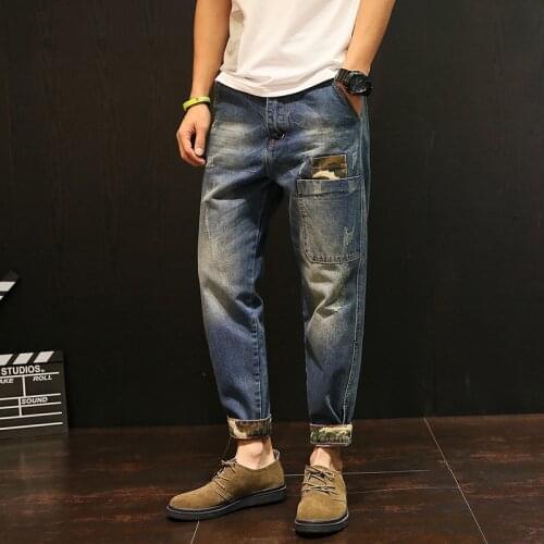 2021 New Young all-match personality pants brand cotton fashion clothing style long loose denim jeans men loose trousers blue